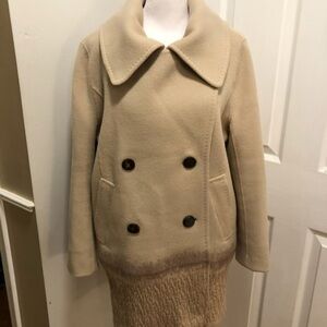Hanii Y Wool Designer Double Breasted Pea Trench Coat Tan 42 L
